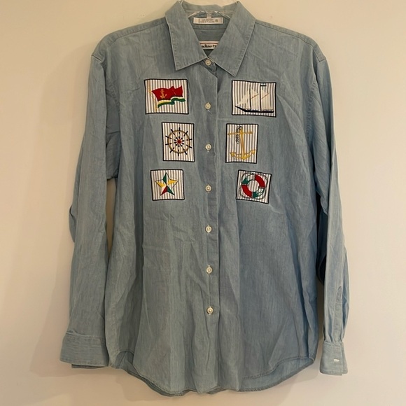 Talbots Vintage 90s Light Blue Button Down Shirt Nautical Patches Coastal Granny - Picture 1 of 5